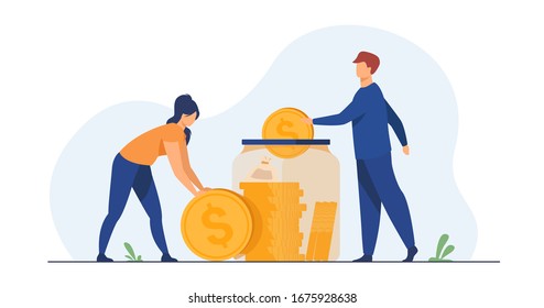 Family couple saving money. Man and woman inserting cash into glass jar. Vector illustration for finance, deposit, economy, investment, banking, concept