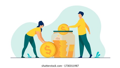 Family couple saving money. Man and woman inserting cash into glass jar. Vector illustration for finance, deposit, economy, investment, banking, concept