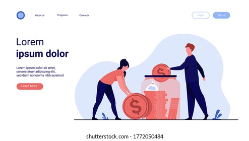 Family couple saving money. Man and woman inserting cash into glass jar. Vector illustration for finance, deposit, economy, investment, banking, concept
