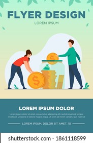 Family couple saving money. Man and woman inserting cash into glass jar. Vector illustration for finance, deposit, economy, investment, banking, concept