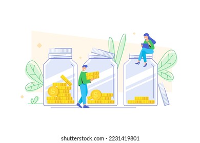 Family couple saving money, Man and woman inserting cash into glass jar, Vector illustration for finance, deposit, economy, investment, banking, concept