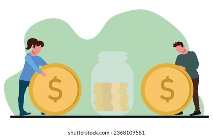 Family couple saving money. Man and woman inserting money into glass jar. Vector illustration for finance, deposit, saving, investment, banking, concept