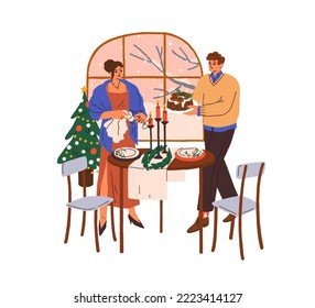 Family couple serving dining table for festive Christmas dinner. Happy man and woman with holiday meal, cake at Xmas eve. Romantic New Year party. Flat vector illustration isolated on white background