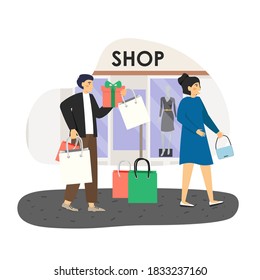 Family couple shopping in fashion boutique, flat vector illustration. Happy woman enjoying shopping. Man carrying bunch of bags and gift box. Wife and husband in women clothing store, mall.