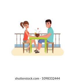 Family couple sitting at the cafe near the beach and drinking cocktail, man and woman on romantic date vector Illustration on a white background