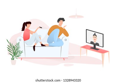Family couple sitting at home on couch together. Man and woman relax indoors and watch TV. Isolated vector illustration in cartoon style