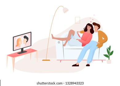 Family couple sitting at home on couch together. Man and woman relax indoors and watch TV. Isolated vector illustration in cartoon style