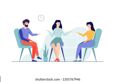 Family couple sitting on the chairs talking to female psychologist. Visit to psychiatrist and depression treatment. Mental health professional. Isolated flat vector illustration