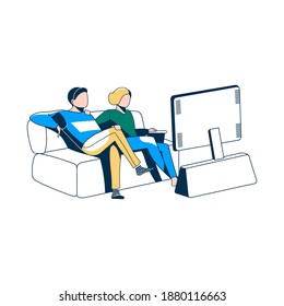 Family couple sitting on couch and watching tv. People relaxing at home and spending time together in living room vector illustration