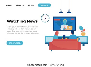 Family couple sitting on the couch and watching tv news,male and female characters back view vector illustration