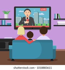 Family couple sitting on sofa and watching news at tv. Vector family sitting and watch news illustration