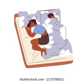 Family Couple Sleeping In Bed Together. Dreaming Black Man And Woman Lying Backs To Each Other. People Asleep, Relaxing On Pillows Under Blanket. Flat Vector Illustration Isolated On White Background