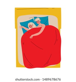 Family Couple Sleeping Together in Double Bed at Night Under Blanket, View From Above Vector Illustration