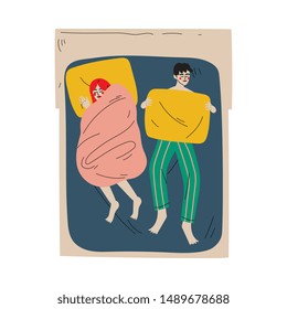 Family Couple Sleeping Together in Double Bed at Night, View From Above Vector Illustration