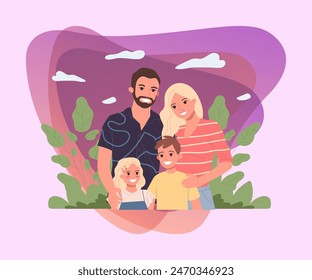 Family couple with son and daughter. Happy parents with two kids standing together flat vector illustration. Togetherness, affection, love concept for banner, website design or landing web page