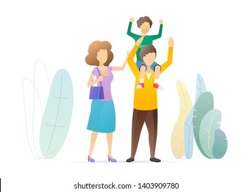 Family couple with son flat vector illustration. Cartoon father holding cute kid on shoulders. Happy parents spending time with child. Dad giving son ride on back. Precious childhood memories.
