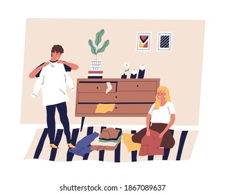 Family couple sorting, folding and organizing clothes. Scene of husband and wife doing cleanup or housework together. Cheerful people arranging clothing in room. Flat vector cartoon illustration