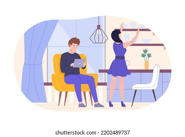 Family couple spending time together in cosy apartment. Man sitting in armchair working with laptop computer. Woman takes vase from shelf, rare view. People relaxing and working at home flat vector
