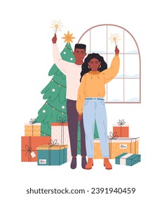 Family couple standing near Christmas tree with presents and celebrating Christmas or New Year. Vector illustration in flat style