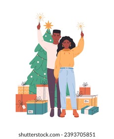 Family couple standing near Christmas tree with presents and celebrating Christmas or New Year. Vector illustration in flat style