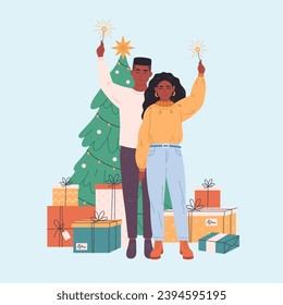 Una pareja familiar parada cerca del árbol de Navidad con regalos y celebrando Navidad o Año Nuevo. Ilustración vectorial en estilo plano