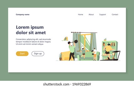 Family couple and two children doing sport exercises at home, training body, lifting weight, jumping rope, running treadmill. Vector illustration for home workout, lockdown, active lifestyle concept