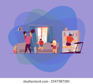 Pareja familiar y dos niños haciendo ejercicios deportivos en casa, cuerpo de entrenamiento, levantar peso, saltar la cuerda, correr caminadora. Ilustración vectorial para el entrenamiento en casa, encierro, concepto de estilo de vida activo