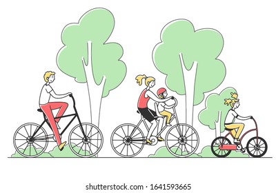 Family couple with two kids riding bikes outdoors. Parents and children cycling in summer park. Vector illustration for togetherness, active lifestyle, recreation concept