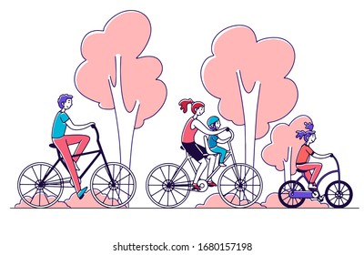 Family Couple With Two Kids Riding Bikes Outdoors. Parents And Children Cycling In Summer Park. Vector Illustration For Togetherness, Active Lifestyle, Recreation Concept