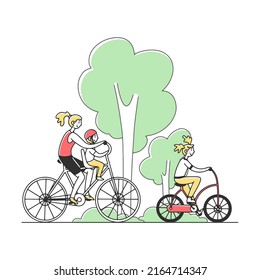 Family Couple With Two Kids Riding Bikes Outdoors. Parents And Children Cycling In Summer Park. Vector Illustration For Togetherness