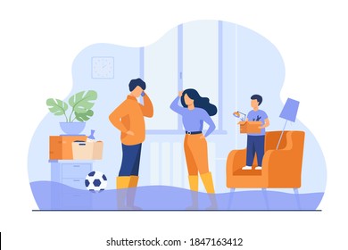 Family couple walking ankle deep in water at home, calling plumber service to fix broken pipes. Vector illustration for overflow, flooded house, emergency concept