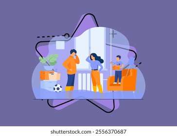 Family couple walking ankle deep in water at home, calling plumber service to fix broken pipes. Vector illustration for overflow, flooded house, emergency concept