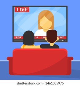 Family Couple Watch TV Sitting On The Sofa Back View. People On The Couch Relax After Work. Flat Style Vector Isolated. Free Time In Living Room. Quarantine, Stay Home, Stay Healthy.