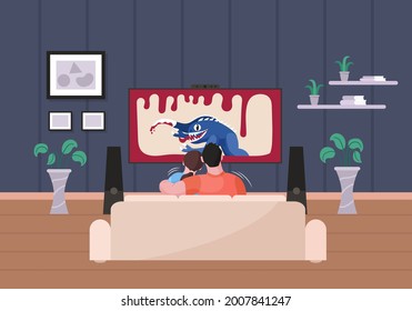 Family couple watching horror movie on TV in living room. Husband and wife enjoy scary film on television sitting on couch in room spend evening time together vector illustration
