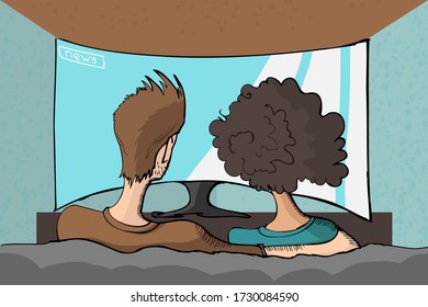 family couple watching tv news at home illustration