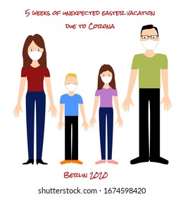 Family couple, wife and husband, mother and father, girl and boy with medical white masks. Quarantine in Europe. Vector isolated painting art