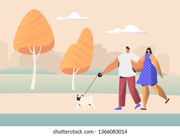 Family Couple of Young People Characters Walking with Pet in Public City Park at Summer Time. Man and Woman Walk with Dog Outdoors, Spouse Relaxing Promenade in Park. Cartoon Flat Vector Illustration