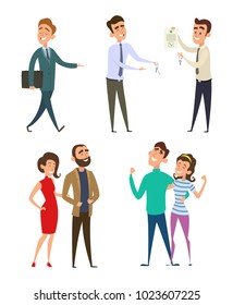 Family couples buying real estate. Vector family and real estate agent with key illustration