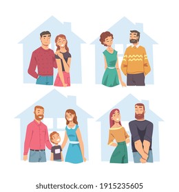 Family Couples in House Outline Set, Abstract Real Estate, People Planning to Buy or Rent New Dwelling Flat Style Vector Illustration