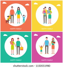 Family couples posters set with text. Father carrying bag from shopping, mother and son walking. Happy people and children playing with dog vector