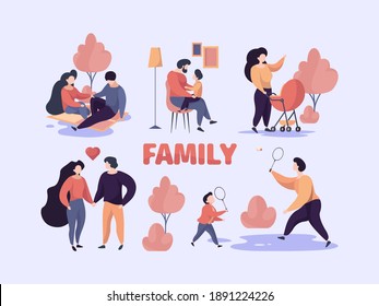 Family couples. Stylized happy characters parents mother and father with kids in various situation adult standing garish vector set