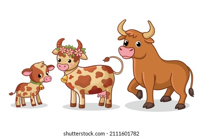 Family of cows with a calf on a white background. Vector illustration with farm animals in cartoon style.