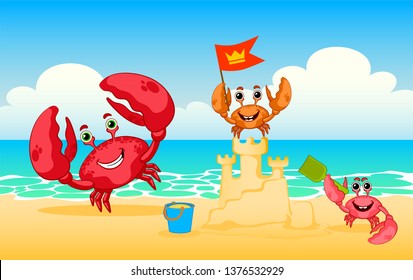 A family of crab is building a sand castle. Family of crabs on a beach, vector red crab. Happy family of crabs on the sea.  Crab builder.