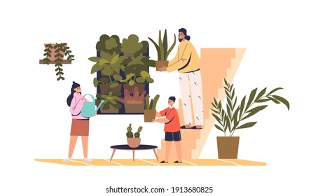 Family Creating Vertical Garden On Wall In Living Room. Mother With Kids Caring For Home Plants Together. Green Eco Friendly Interior Concept. Cartoon Flat Vector Illustration