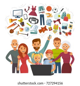 Family with credit card shopping online happy people characters computer buying internet purchase vector illustration.