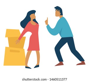 Family crisis divorce and property separation cardboard boxes ex husband and wife vector isolated man and woman arguing moving staff marriage, termination and broken couple conflict and disagreement