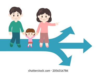 Family at the crossroads of life. Couple and daughter. Vector illustration.