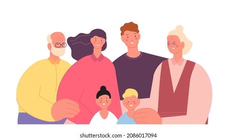 Family crowd. Protection and supporting, hug parents or child. Insurance concept, diverse age friends. Happy senior with children utter vector scene