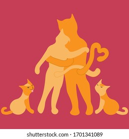 Family Cuddling Love Cats. Floral seamless background on a dark. Hand drown doodle style. For dress fabric, T shirt print, postcard, banners.