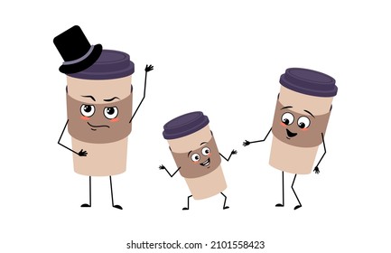 Family Of Cup Of Coffee With Happy Emotions, Smile Face, Happy Eyes, Arms And Legs. Mom Is Happy, Dad Is Wearing Hat And Child Is Dancing. Vector Flat Illustration